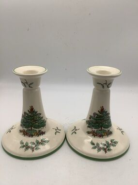 Two Spode Christmas Tree Candle Holders